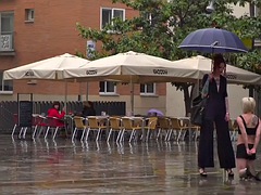 Lezdom redhead MILF shows teen slave outdoor in public