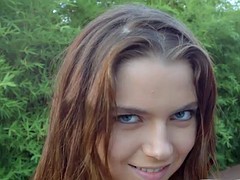 Primecups busty babe practices tit wanks outside