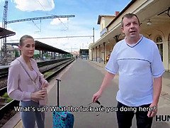 HUNT4K. Man watches how his lassie sucks strangers dick for cash